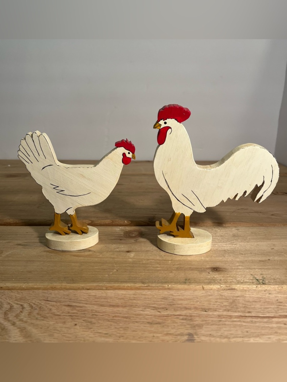 Wooden Cottagecore Folk Art Rustic Chicken Rooster Set Hand Painted Rustic Decor